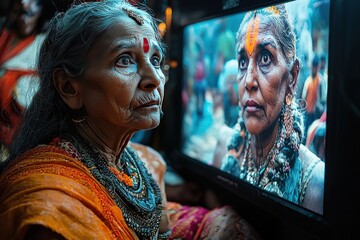 Elderly woman in traditional attire watching cultural program on screen