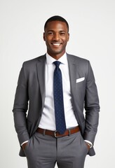 Fototapeta premium Happy businessman portrait hands in pocket on empty white background black businessman portrait Ultra realistic Photorealistic hyperdetailed photography soft light head and shoulders portrait cover