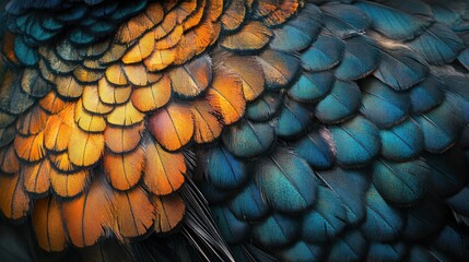 Vibrant close-up of iridescent bird feathers displaying rich blues, greens, and oranges with intricate layered textures and patterns.