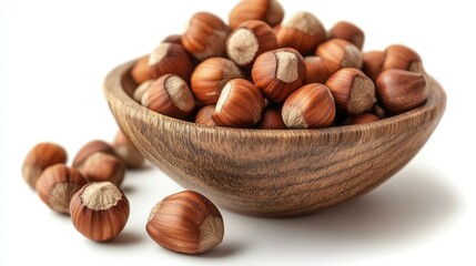 Obraz premium Fresh Raw Hazelnuts in Wooden Bowl on White Background
