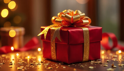 Festive Red Gift Box with Golden Bow for Celebrations