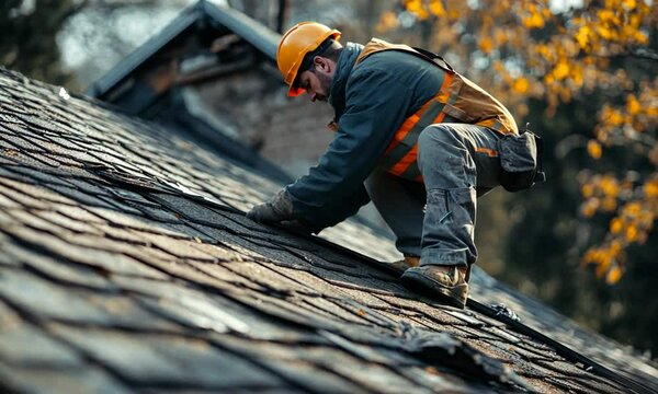 Roofer working on a sloped roof under autumn foliage.