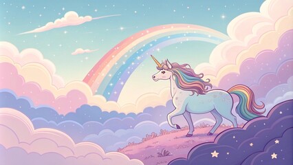 Holographic fantasy rainbow unicorn background with clouds. Pastel color sky. Magical landscape, abstract fabulous pattern. Pastel clouds with rainbow, Holographic fantasy rainbow unicorn background
