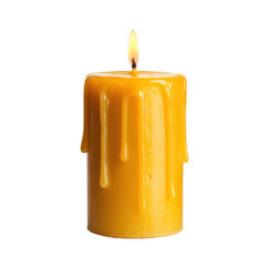 A yellow candle with a flame on top, featuring dripping wax along the sides.