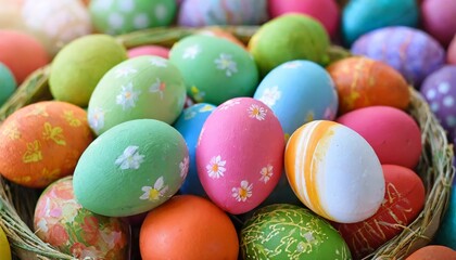 Colorful and vibrant background showcasing a delightful collection of Easter eggs in various designs and patterns, perfect for celebrating Easter with a festive and cheerful atmosphere.