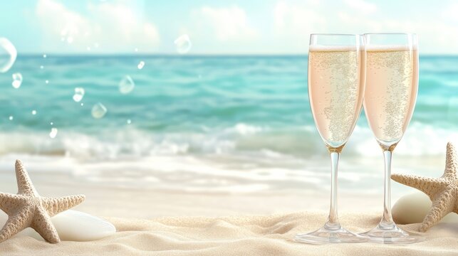 Champagne glasses on sandy beach with starfish and seashells, serene ocean backdrop with ample space for personalized text and relaxation theme.