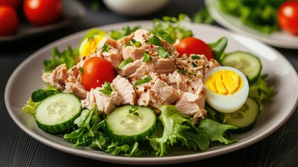 Fresh Garden Salad with Tuna, Egg, Tomato, and Cucumber on Plate