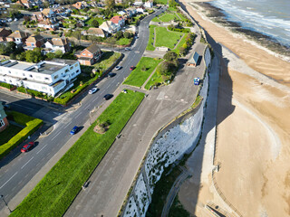 High Angle View of Beautiful British Tourist Attraction of Great Britain at Ramsgate Beach and Ocean City of Kent, England United Kingdom. Drone's Camera Footage Captured on April 21st, 2024