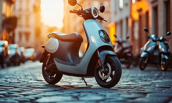 A stylish scooter parked on a cobblestone street at sunset.