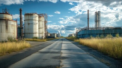 Obraz premium Abandoned Industrial Area with Storage Tanks and Overgrown Road