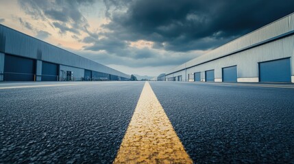 Obraz premium Wide-Angle View of Industrial Warehouse with Dramatic Cloudy Sky