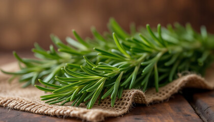 Fresh Rosemary Sprig on Rustic Background