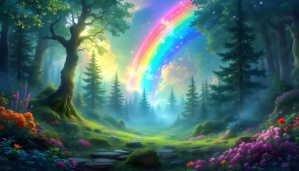 Naklejka premium Magical fantasy fairytale forest with rainbow and trees. Whimsical cartoon rainbow podium surrounded by fluffy clouds and vibrant trees in a magical landscape. Rainbow, Snowdonia, Wales