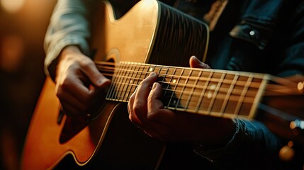 Fototapeta premium Close-Up of Hands Playing Acoustic Guitar in Warm Lighting