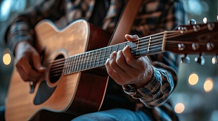 Obraz premium Close-Up of Hands Playing Acoustic Guitar with Blurred Lights