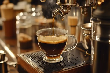 Espresso pouring into a glass cup from a machine