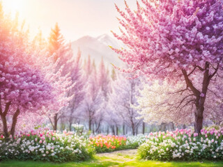 Dreamlike Spring Garden with Blooming Cherry Trees and Tulips.