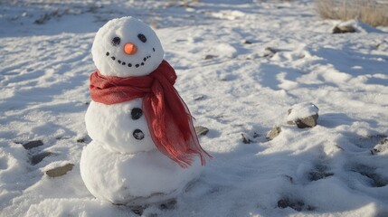 Obraz premium Cheerful snowman in snowy landscape, featuring a bright red scarf, orange nose, and button eyes, smiling happily against a winter backdrop.