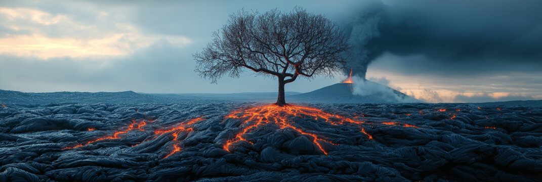 A single tree standing in the volcano volcanic erruption