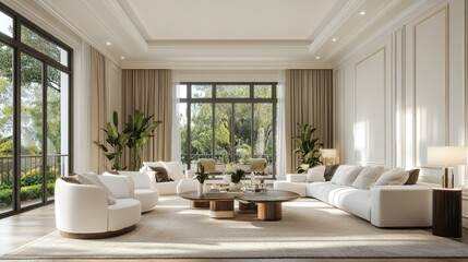 Elegant Modern Living Room with Natural Light and Greenery View