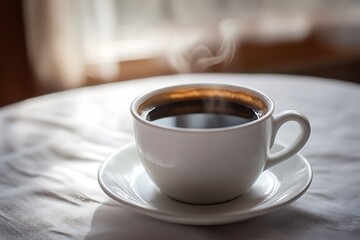 Fototapeta premium Steaming Coffee In A White Cup On A Saucer