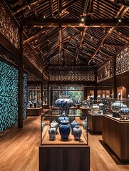 Fototapeta premium Exquisite Blue and White Porcelain Vases Displayed in a Modern Museum with Traditional Chinese Architecture.
