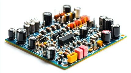 Obraz premium Colorful Electronic Circuit Board with Various Components and Resistors