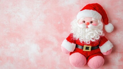 Cute, pink Christmas Santa Claus doll on a pastel background with copy space