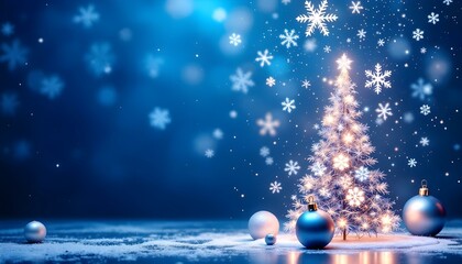 Modern Blue Christmas background with snowflakes, balls. Elegant greeting card, Happy New Year. Christmas frame. Blue Xmas background with gift boxes, golden snowflakes and baubles