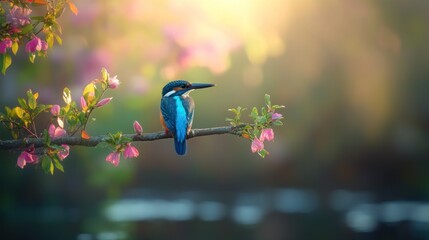 A vibrant kingfisher perched on a branch surrounded by blooming flowers and soft light.