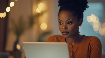 African American woman analyzing financial data on laptop screen - Generative AI	