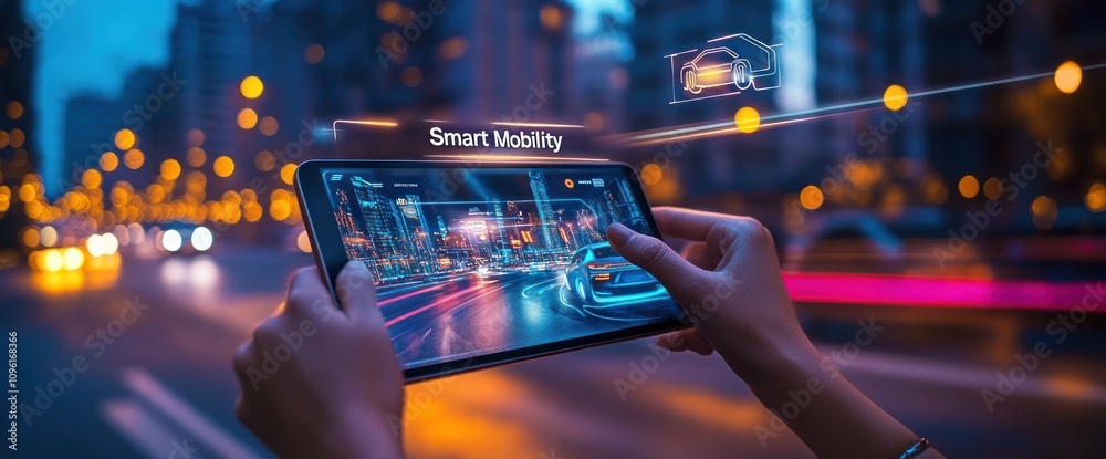 Poster A person using a smartphone to visualize smart mobility in an urban setting at night.