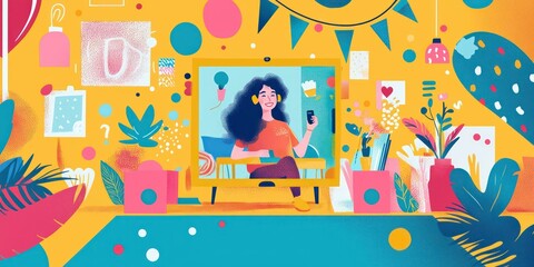 An influencer engaged with their audience on a live stream, surrounded by colorful decorations and branding elements.
