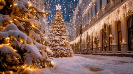 Joyful Christmas tree decorated with twinkling lights and snow, set against a backdrop of warm bokeh and festive string lights along a winter street.
