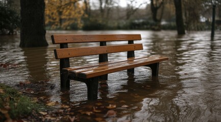 Fototapeta premium A wooden bench submerged in a flooded park, showcasing nature's power and tranquility.