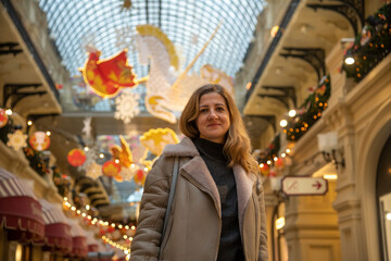 Portrait of serene adult caucasian woman in grey jacket standing in shopping mall with blurred Christmas decorations and garlands in the background. Soft focus. Winter holidays shopping theme.