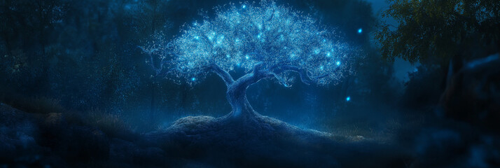 Obraz premium A single tree with glowing bioluminescent lights