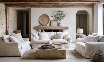 A cozy, minimalist living room featuring soft sofas, natural materials, and earthy decor.