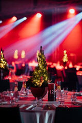 Festive Dining Event with Red Lighting and Decorations