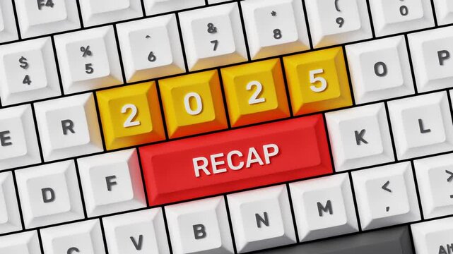 2025 recap. Key highlights and insights, achievements, review, business goals and plans. 2025 recap on 3D keyboard button. 4K 3D animation