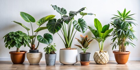 Fototapeta premium Trendy Collection of Indoor Potted Plants Isolated on White Background Featuring Alocasia, Begonia, Fan Palm, Monstera, Ficus, Strelitzia, and Oxalis in a Stylish Flat Graphic Design