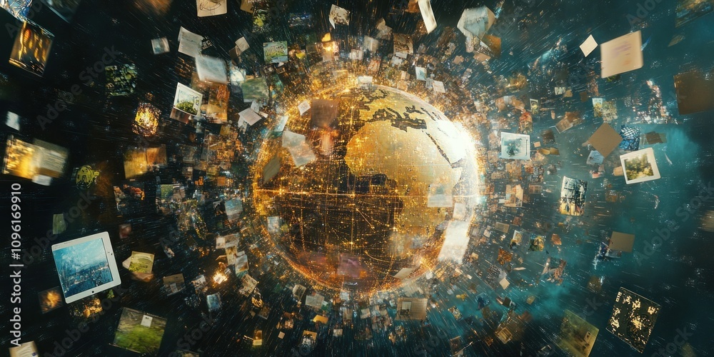 Aufkleber a digital representation of a globe surrounded by floating images, symbolizing connectivity.