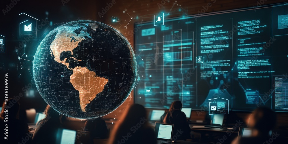 Poster A digital workspace featuring a globe and data analytics on screens.