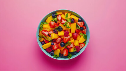 Colorful Fruit Salad Combination Served in a Bowl on a Bright Pink Background