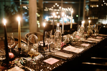 Elegant Festive Table with Candles and Disco Balls