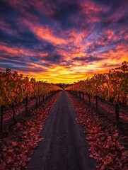 Fototapeta premium Vibrant Autumn Sunset Over a Vineyard Row, Dramatic Sky and Colorful Leaves.