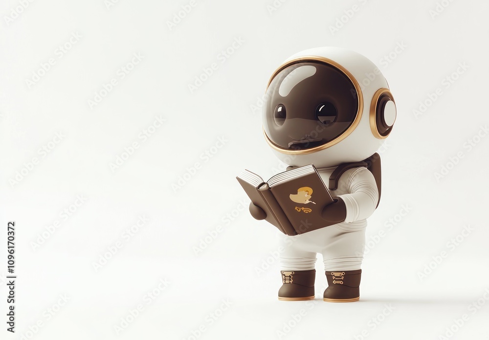 Poster a cute astronaut character reading a book, blending science fiction with playful design.