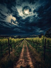 Naklejka premium Serene Nightfall in a Vineyard under a Giant Moon.