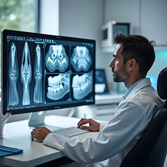 Radiologist dentist analyzing dental X-rays using advanced software in a modern clinic. Ideal for themes of dental care, radiology, and advanced diagnostic technology