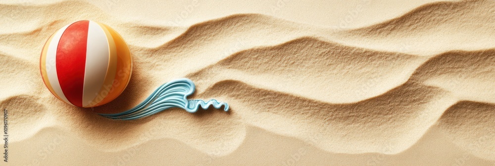 Poster a beach scene featuring a colorful ball and a wave shape in fine sand.